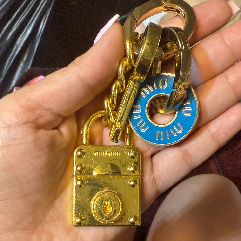 Miu Miu Gold and Blue Keychain with Lock Charm